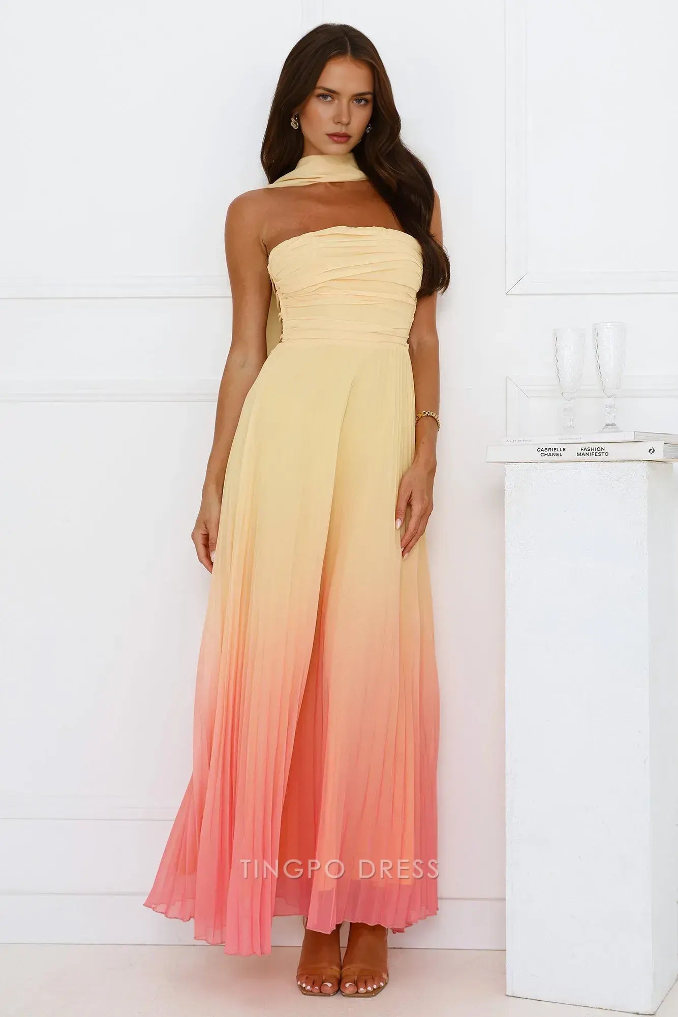 Gradient A-Line Off the Shoulder Sleeveless Crisscross Back Ankle-Length prom dress